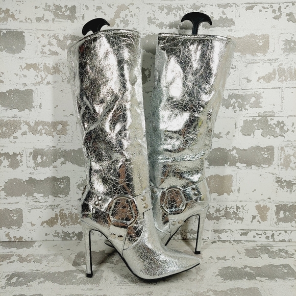 New Wild Diva Look At Me Silver Faux Leather High Heel Harness Knee Boots K759 - Picture 3 of 11